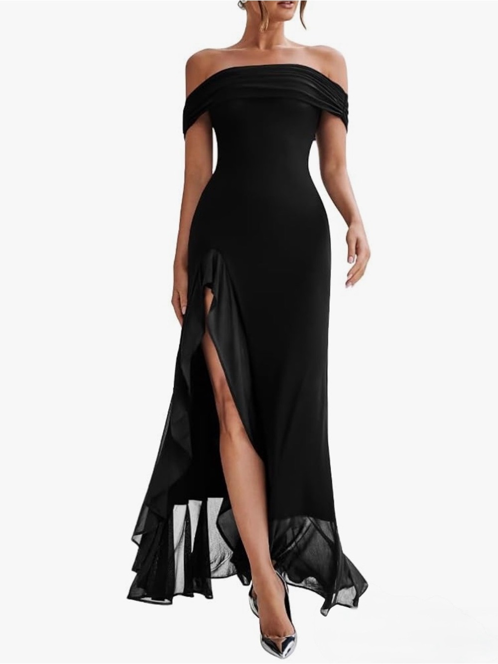 Women’s Formal Off-Shoulder High Slit Ruffle Evening Party Maxi Black Dress